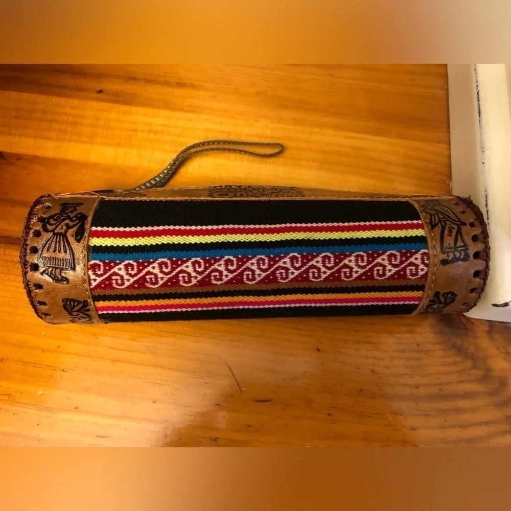Boho Peruvian Leather Cylinder Pouch with Llama/Geometric Tooled Art